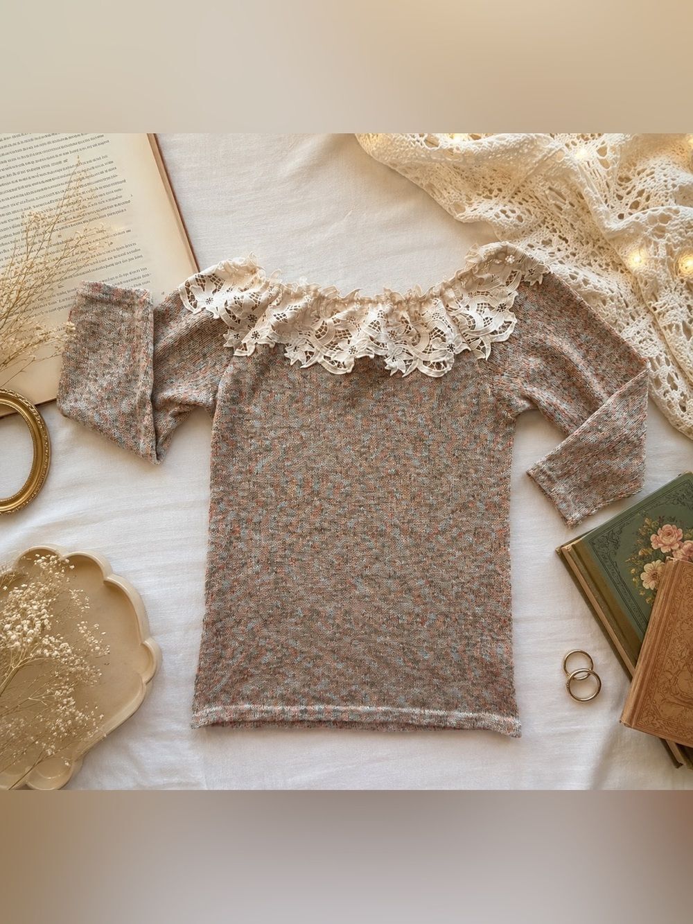 ANDTHEWHY Women’s S Multicolor Knit Off Shoulder Lace Collar Sweater